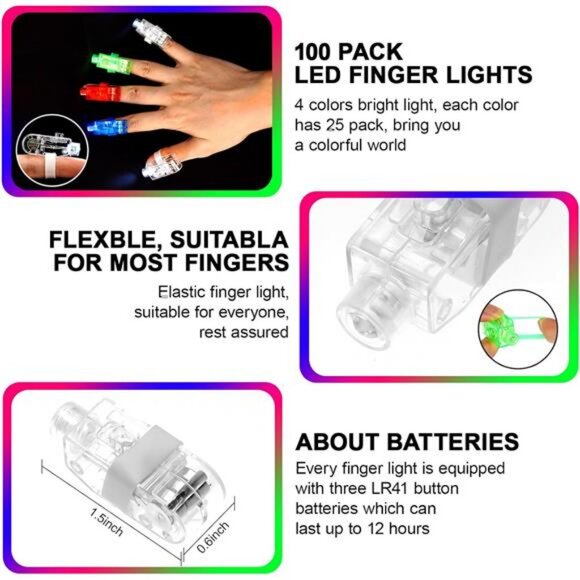 100 Pack LED Finger Lights, Flashing Light Up Rings Bulk Party Favors - Picture 5 of 8